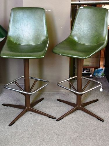 Pair Bar Stools | Period: Retro 1970s | Material: Metal frame- green vinyl upholstery